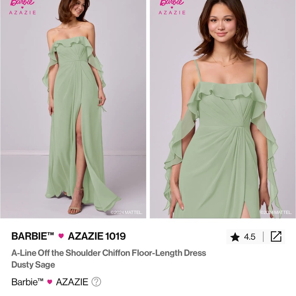 Azazie Barbie 1019- Dusty Sage Green Ruched Off-Shoulder Maxi Bridesmaids Dress